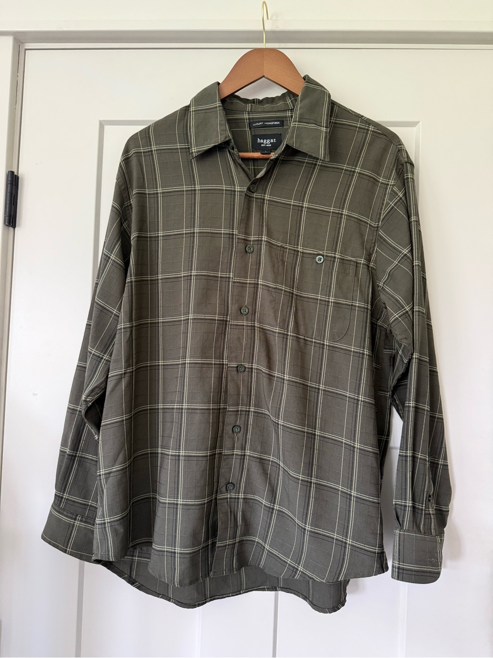 Haggar Olive Plaid Long-Sleeve Button-Down Shirt Large